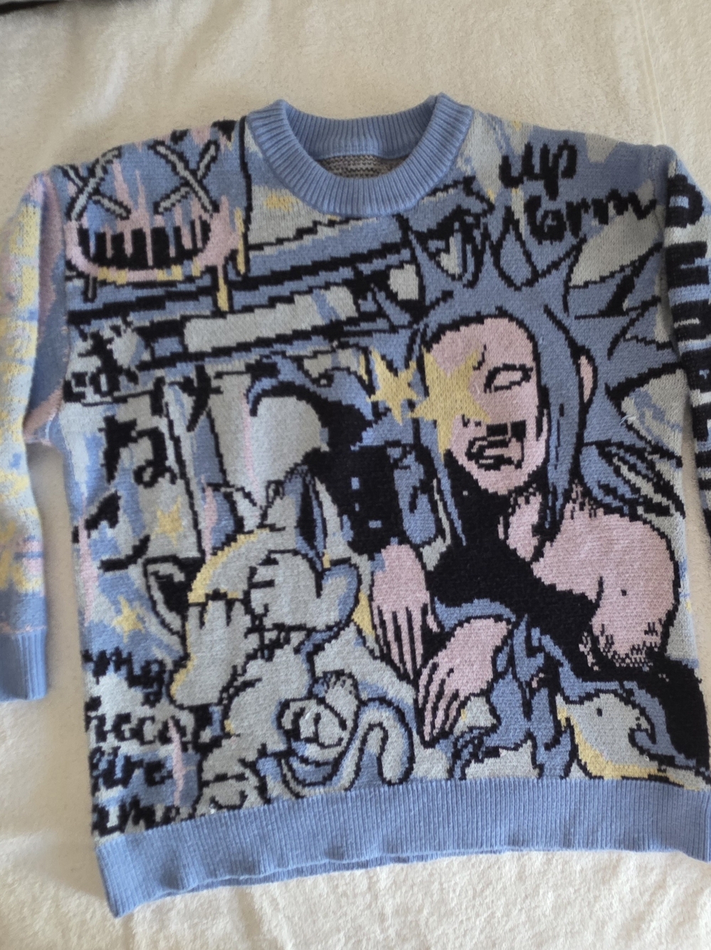 Andreilee Japanese Harajuku Anime Graphic Knit Sweater Blue Size L
